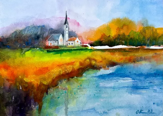 Original Watercolor Ink Painting Kherson Ukraine Landscape Sea Lighthouse  Artist