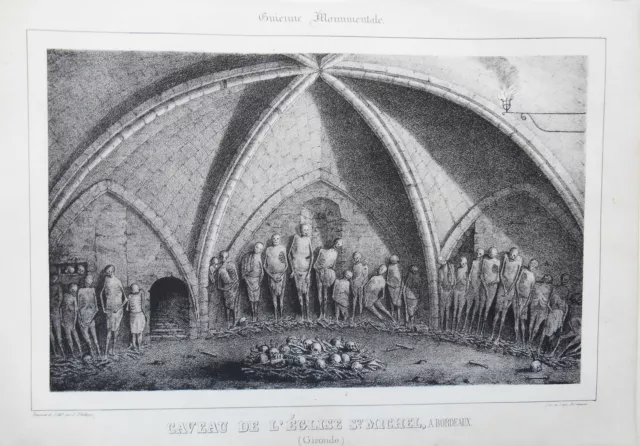 Lithographie Originale XIXème - Catacombe Église St Michel Bordeaux - J.Philippe