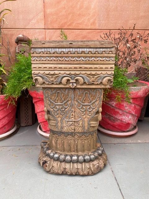 Ancient Old Wooden Fine Hand Carved Floral Big 21 x 10'' Pillar Bracket Base