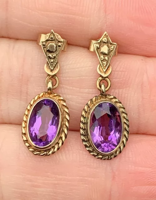 9ct Gold Amethyst Large Vintage Drop Dangling Earrings, 9k 375