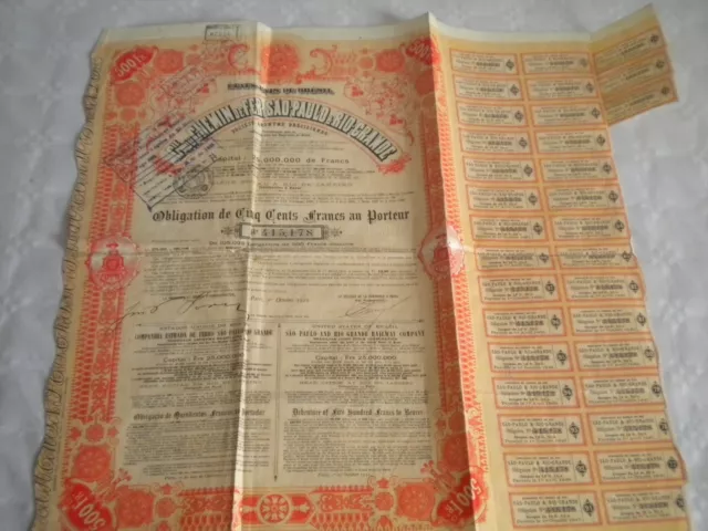 Vintage share certificate Stock Bonds actions Sao-Paulo Rio Grande railway 1911