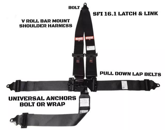 Dirt Oval Racing V Mount Harness Belt Sfi 16.1 Latch & Link 5 Point Black