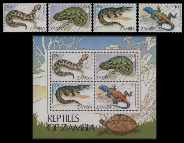 Sambia 1984 - Mi-Nr. 318-321 & Block 13 ** - MNH - Reptilien / Reptiles