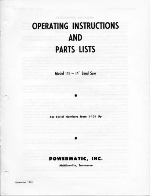 1965 Band Saw Operator Inst & Parts List Manual Powermatic Model 141 14in  PM59