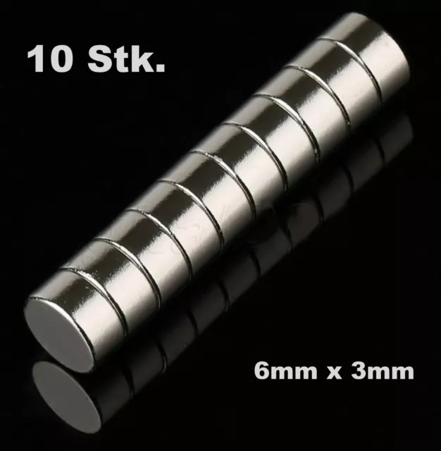 10 Stk. extra starke Neodym Magnete 6 x 3 mm runde Scheiben 6mm x 3mm - N50