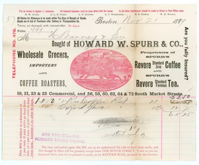 Howard W. Spurr  Grocers Billhead. 1889. Boston. Revere Brand Coffee and Tea