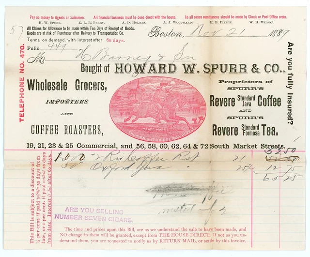 Howard W. Spurr  Grocers Billhead. 1889. Boston. Revere Brand Coffee and Tea