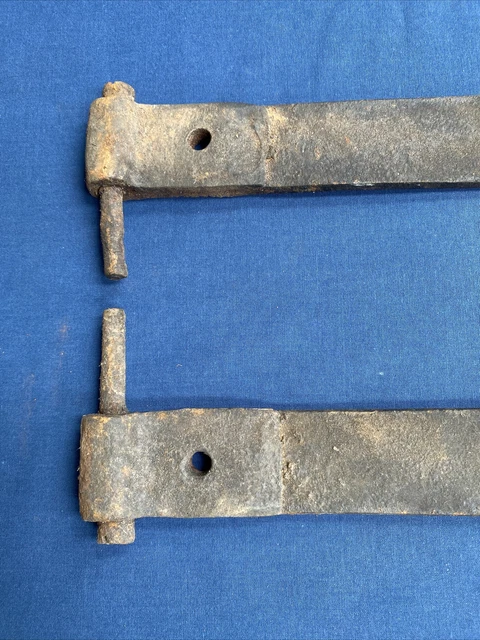 Pair Antique Hand Forged Iron Barn Door Strap Hinges 20 5/8" & 20 1/8" 2