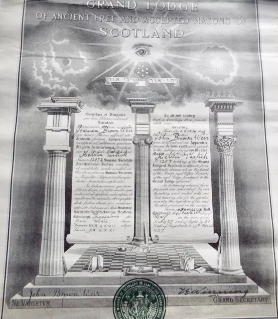 Masonic Grand Lodge of Scotland Antique 1927 Master Mason Certificate