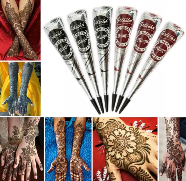 6x Golecha Magic Henna Kegel je 3x schwarz + maroon für Mehndi Tattoo-150g