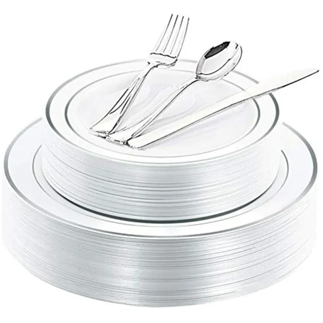 WDF 40Guest Silver Plastic Plates With Disposable Silverware- Tableware Sets