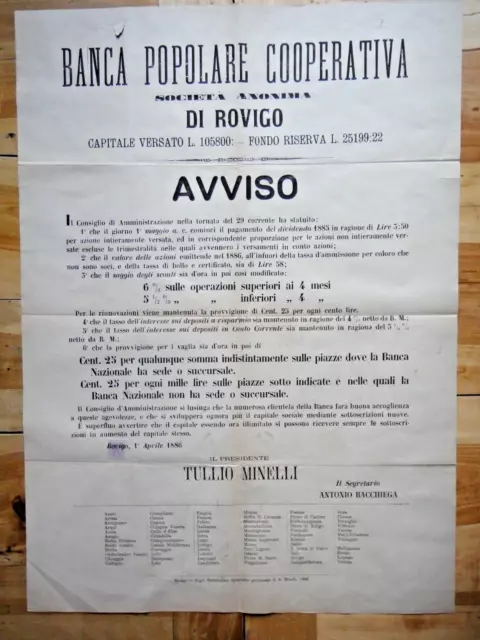 1886-BANCA POPOLARE COOPERATIVA DI ROVIGO-Presidente T. MINELLI-Azioni-Tassi+