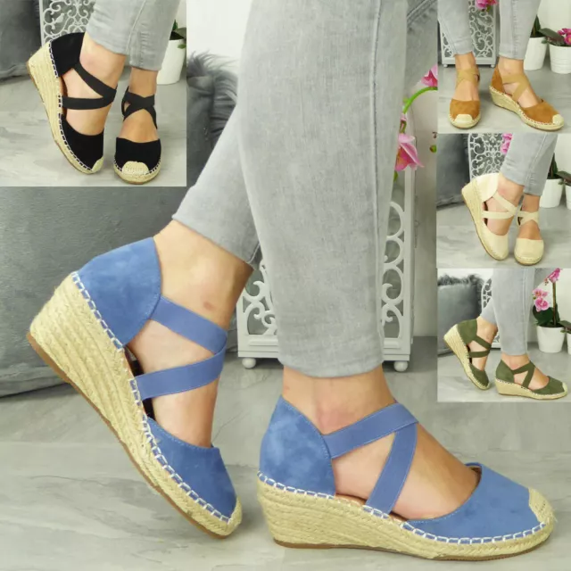 Womens Wedge Sandals Hessian Slingback Espadrilles Ladies Elastic Strappy Shoes