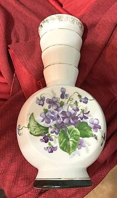 VTG Ucagco Vase Japan-Violet Floral Pattern-Telescoping Neck-Gold Trim-8" H-EUC