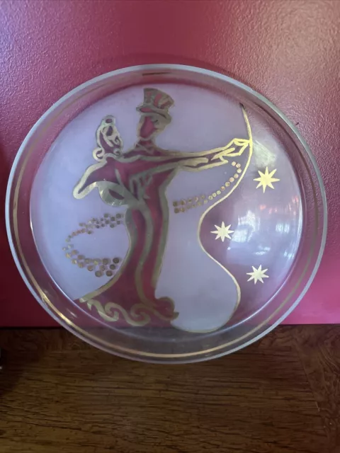 12” Round Serving Platter Clear Glass Frosted Gold Accents Dancing Couple