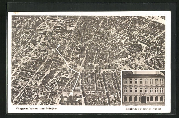 AK München, Bankhaus Heinrich Eckert, Prannerstraße 8, Fliegeraufnahme der Stad