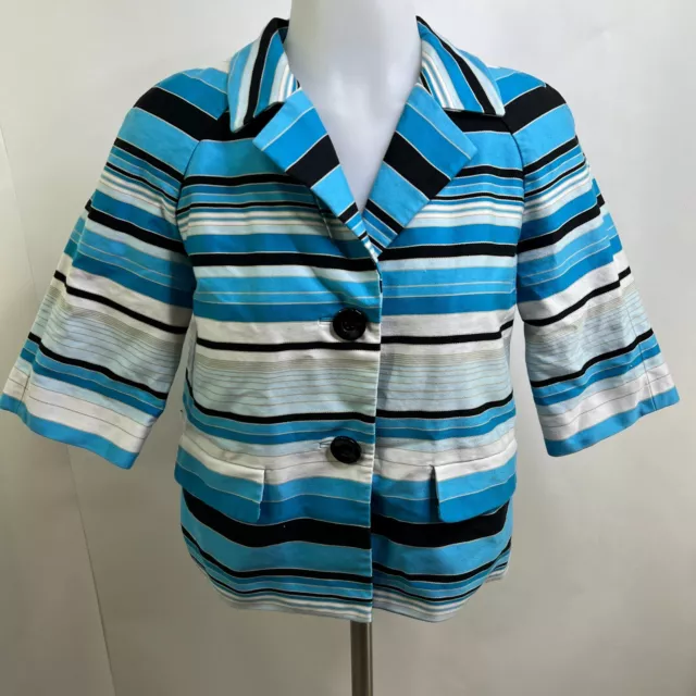 Talbots 2P Petite Blue Striped Jacket Blazer Black Short Sleeve Work Career
