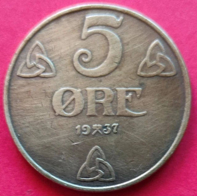 Moneta  Norvegia   da  5 Ore  del 1937 ,  circolata