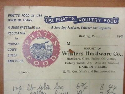 Vintage letterhead Pratts Poultry Food Winters Hardware Co Reading PA 1900
