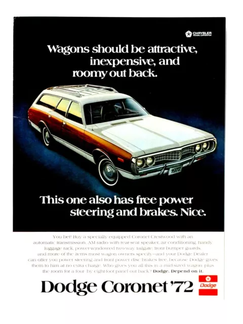 Dodge Coronet Crestwood Wagon Vintage 1972 Original Print Ad 8.5 x 11"