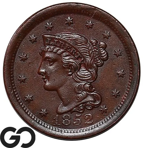 1852 Large Cent, Braided Hair, Choice AU++/Uncirculated ** Free Shipping!