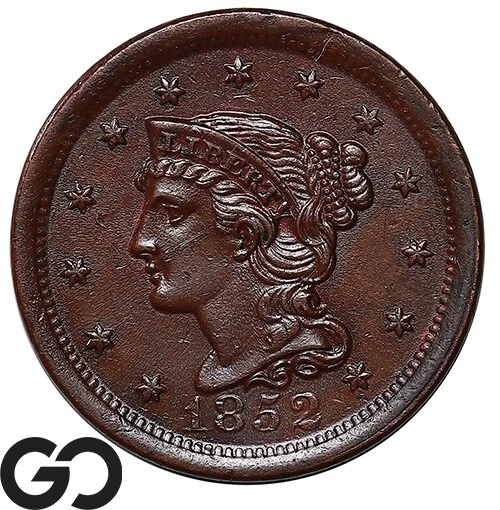 1852 Large Cent, Braided Hair, Choice AU++/Uncirculated ** Free Shipping!