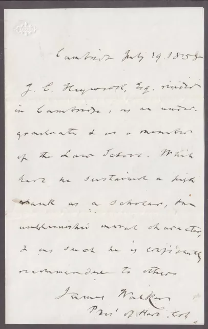James WalkerALS Pres Harvard College 1858 Character Letter for Law Student