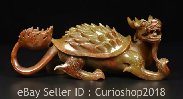 9.6" Chinese Natural Hetian Nephrite Jade Carving Dragon turtle Statue Sculpture