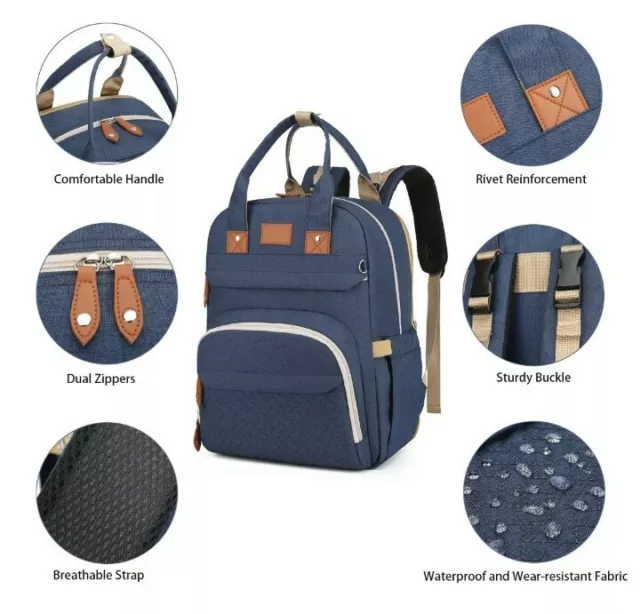 3 in 1 Baby Diaper Bag Backpack Foldable Crib w Changing Pad USB Port Waterproof 4