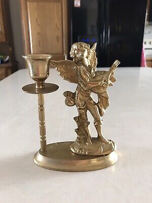 Vtg Brass Ornate Cherub Angel W/Mandolin Candle Holder Figure Statue India