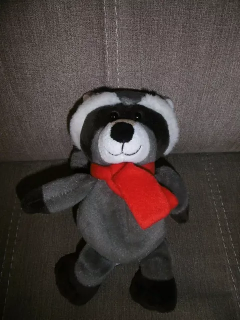 Peluche Doudou Raton Laveur KINDER FERRERO Gris Blanc Echarpe Rouge 22 Cm NEUF