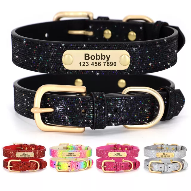 Collier pour chien Personnalisé Nom Numero gravé en cuir Paillettes 20-46cm XS-L