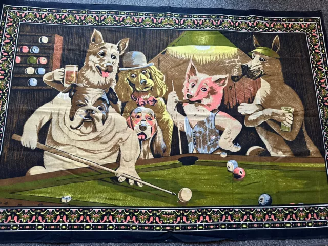 VTG Wall Tapestry Anthropomorphic Dogs Playing Pool Billiards 57X40 Velvet N.Y.