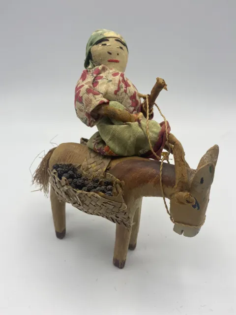 Vintage Handcrafted Woman Doll on a Wooden Donkey Mexican Native Folk Art