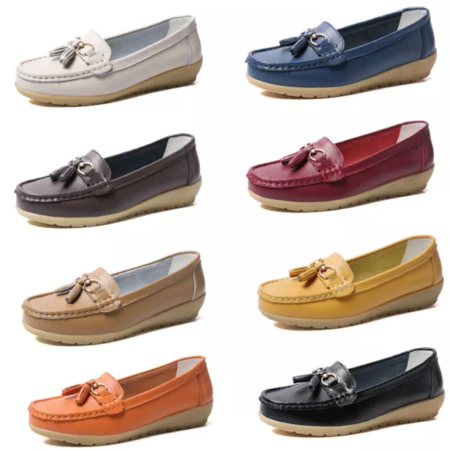 Ladies Real Leather Tassel Slip On Moccasin Flat Nautical Boat Shoes Loafers CZ