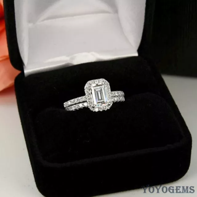 Moissanite Bridal Set Engagement Ring 2.50 CT Emerald Cut Solid 14K White Gold