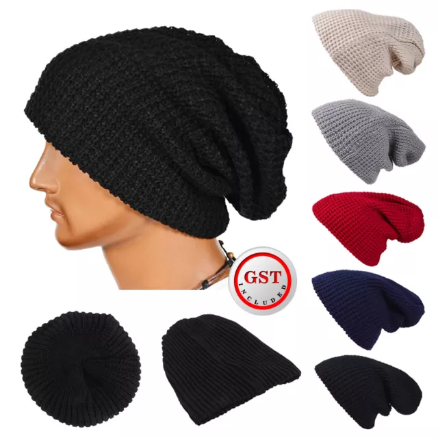 Mens Women Slouch Baggy Oversized Winter Warm Ski Rib Knit Beanie Hat Cap Unisex