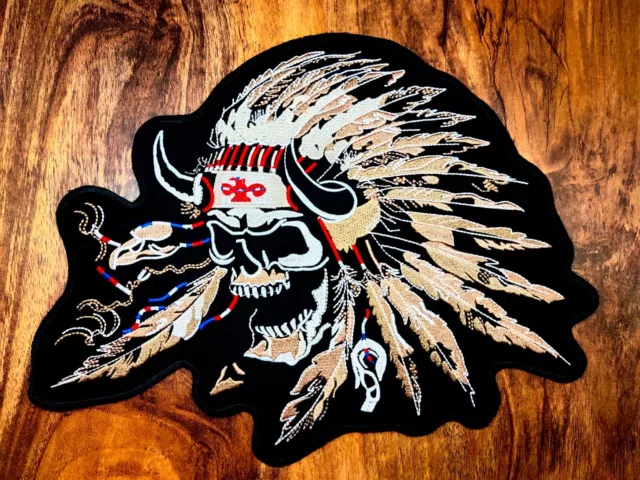 Large Skull Native American Indian Chief Headdress Sew Iron On Patch Embroidered