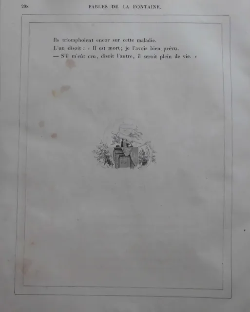 MEDIZIN-G.Dore 1889/2 Blatt Holzschnitte zu LES MEDICINS:Fabeln de la Fontain. 11