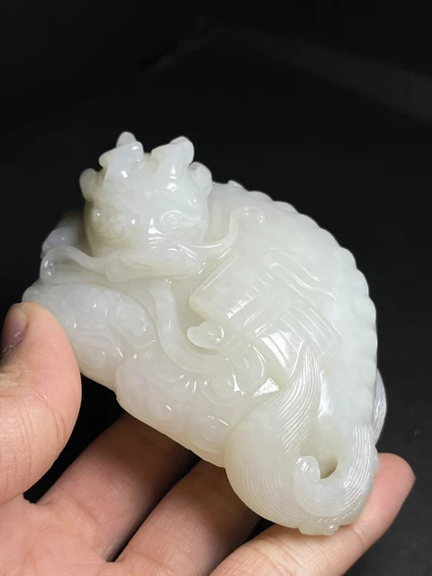 Chinese Exquisite Handmade Kirin carving Hetian Jade Statue