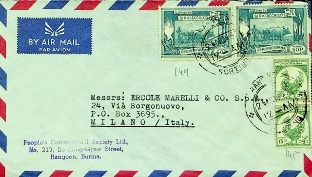 Burma 1962 15p+50p 2 Paar Auf Luftpost Abdeckung Rangoon Sich Milano Italien