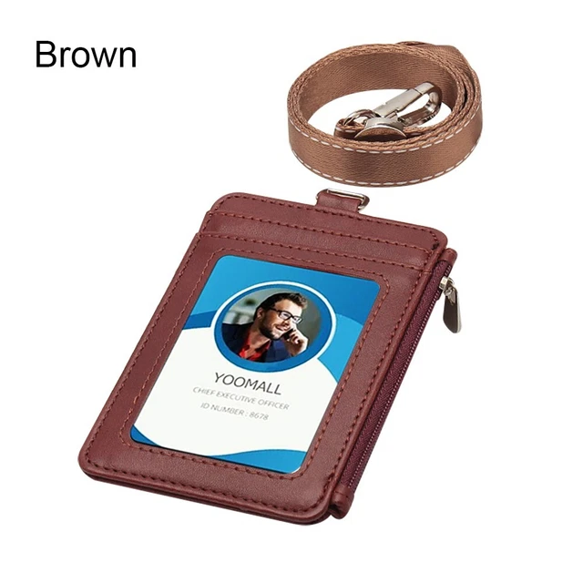 ID Badge Card Holder Synthetic Leather Vertical Clip Neck Strap Lanyard Case
