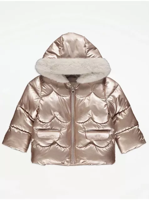 NEW NEXT Baby Girls Metallic Faux Fur Trim Padded Coat Sizes 3-6 & 6-9 Months