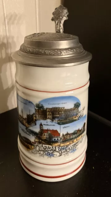 Alt Porzellan Andenken Gruss a Darmstadt Bierkrug Zinn Deckel 19cm Sammlerstück