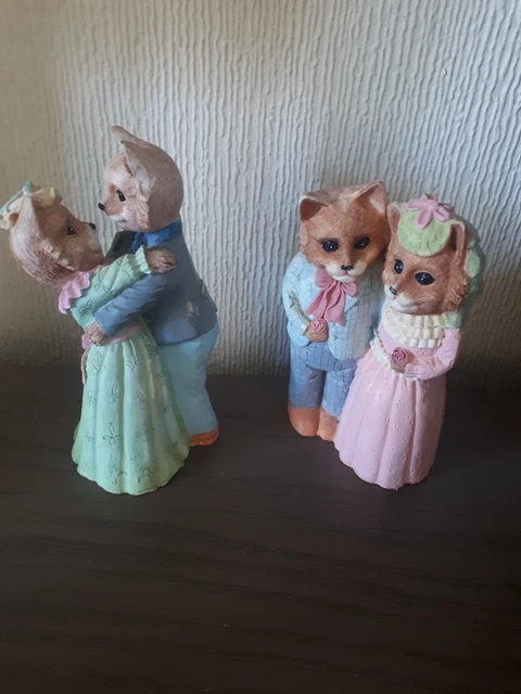 Vintage fox ornaments dancing couple and bride and groom resin 11cm tall