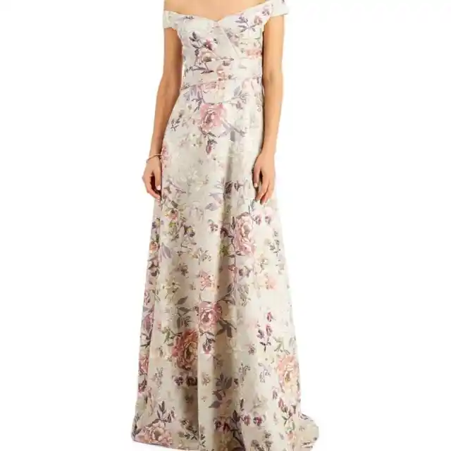 Adrianna Papell Size 4 NWT Floral Cream Off Shoulder Ball Gown