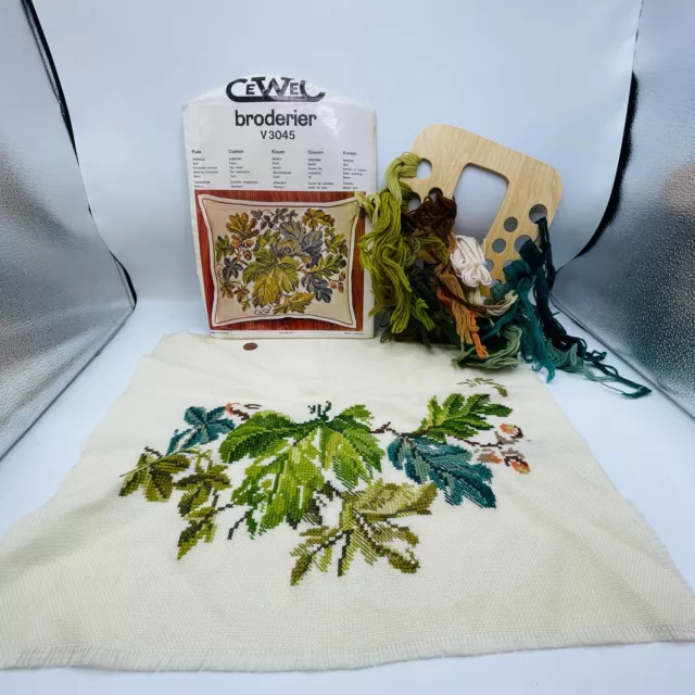 Vintage Cewec Broderie Denmark Floral Leaves Jacobean Started Crewel Needlepoint