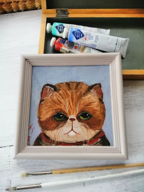 Exotic Shorthair Cat Oil Painting Original Pet Art 6x6 » Leurs amis Red Kitten