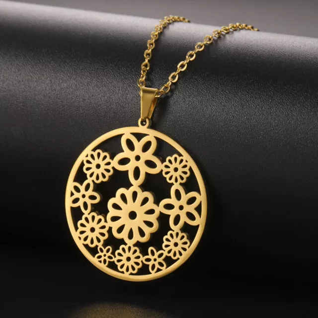 Flowers Hollow Pendant Necklace for Women Stainless Steel Floral Round Charms