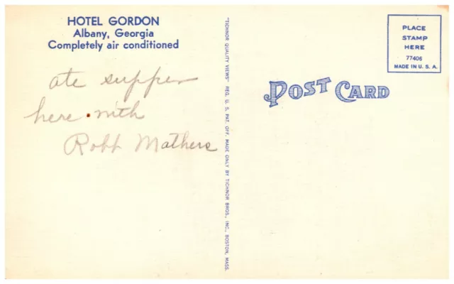 Albany Georgia GA Hotel Gordon Old Cars Linen Vintage Postcard 2